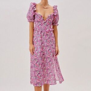 For Love & Lemons Katarina Pink Purple Floral Open Back Ruffle Midi Dress Size S